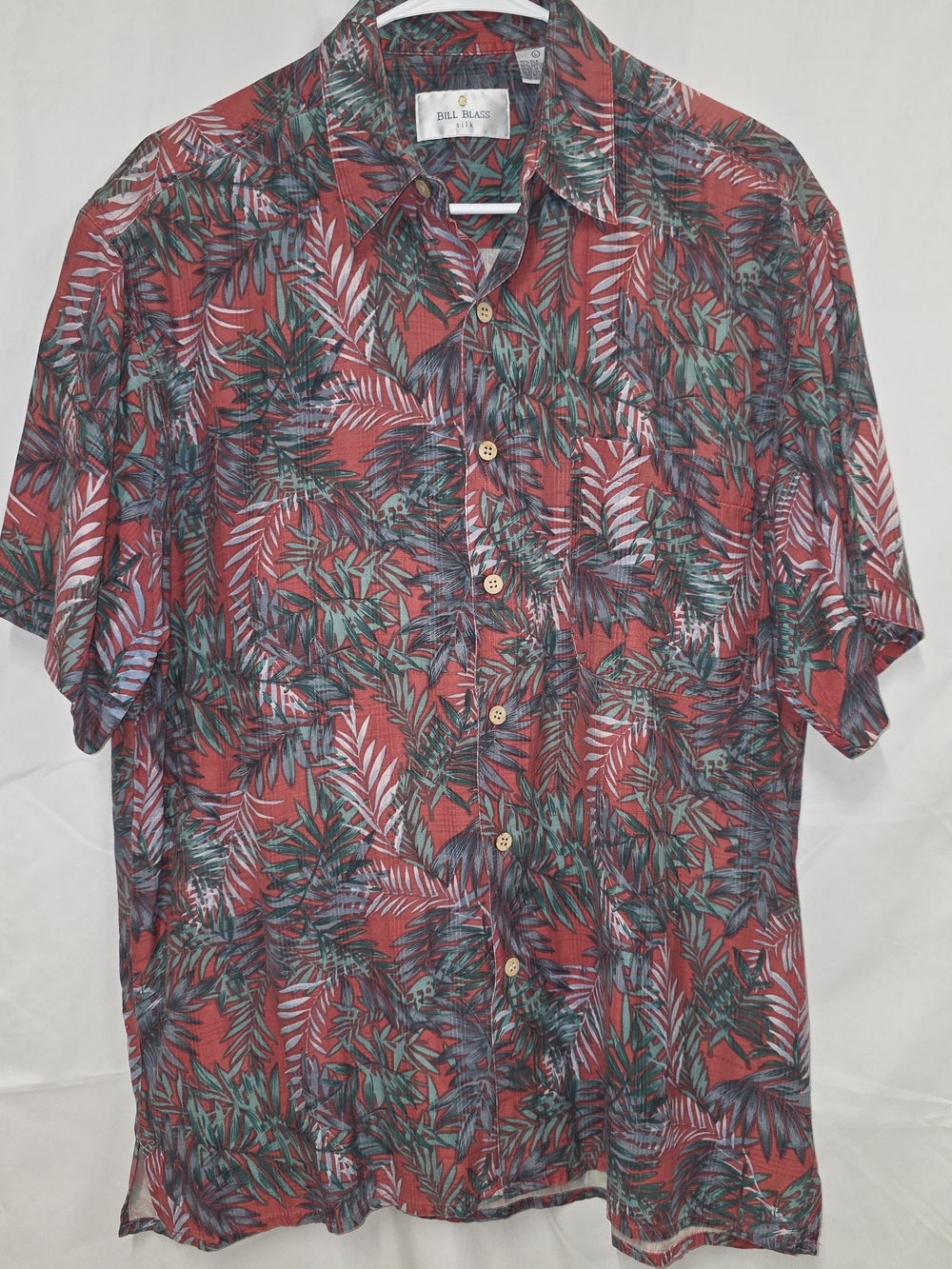 Bill Blass Red Tropical Print Short-Sleeve Camp Shirt Silk And Cotton Large
